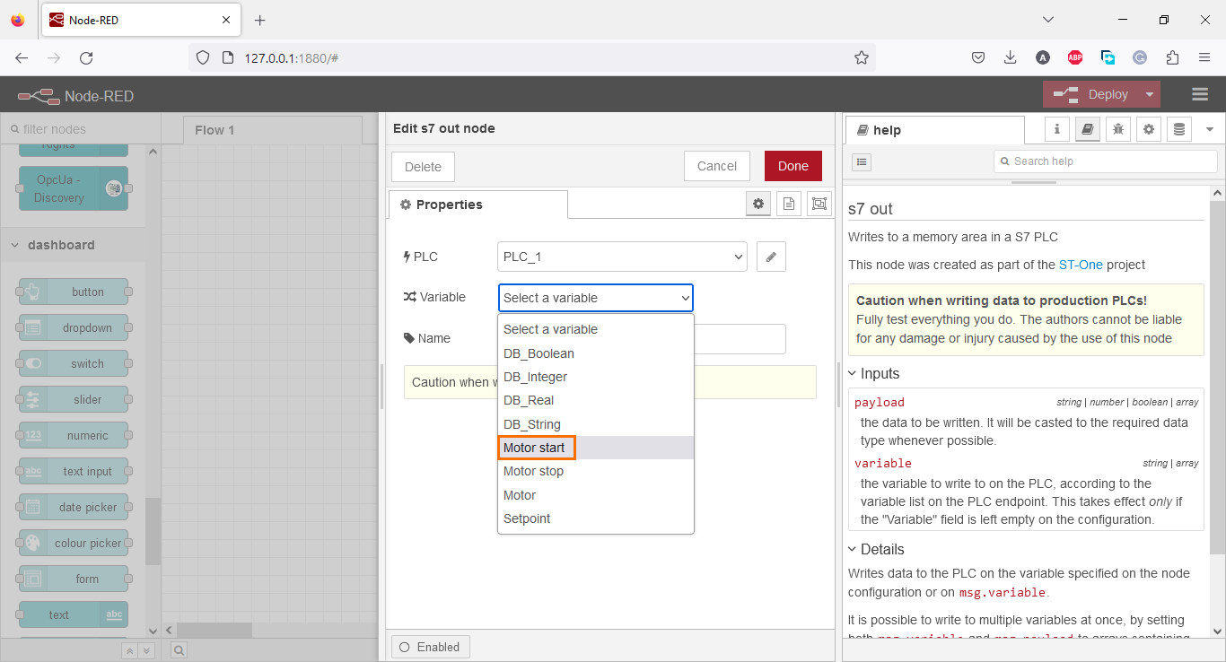 Figure 3.3 - Using Node-Red with Siemens TIA Portal PLC Programming | Selecting the variable of the node