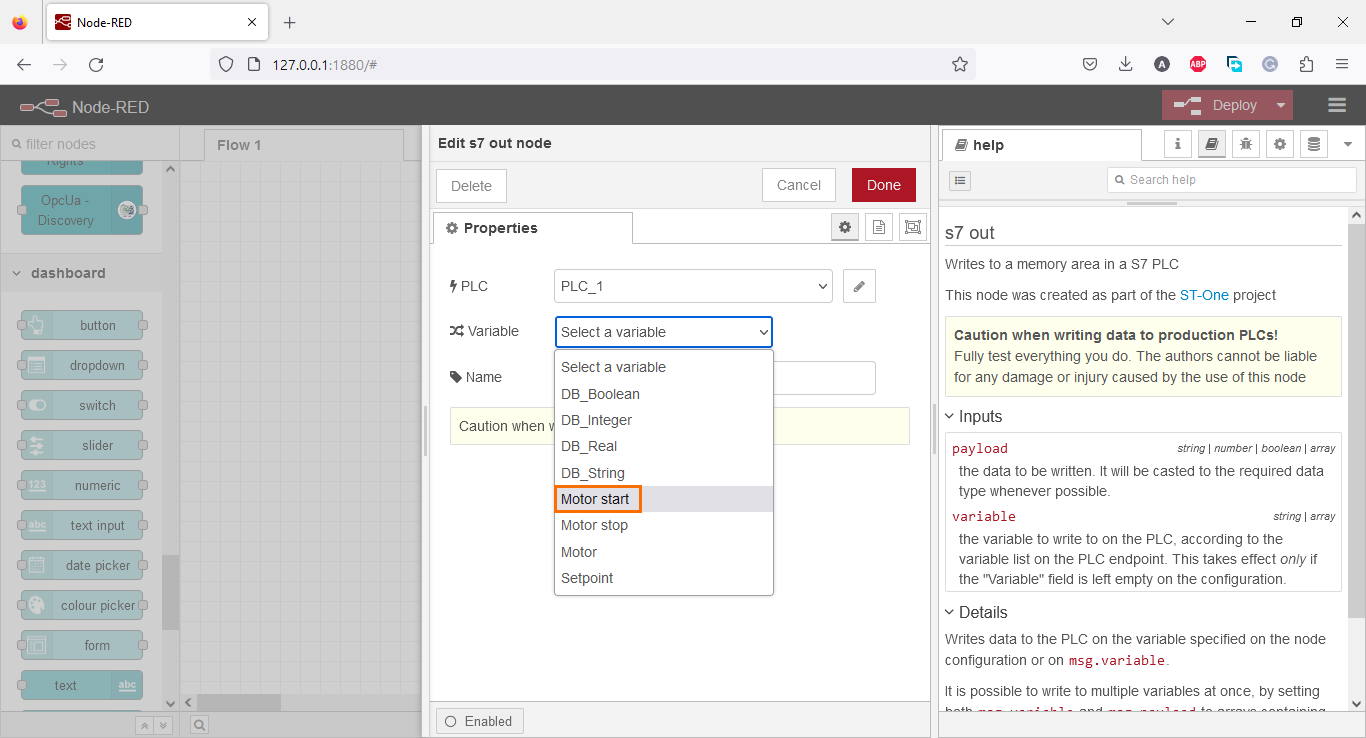 Figure 3.3 - Using Node-Red with Siemens TIA Portal PLC Programming | Selecting the variable of the node