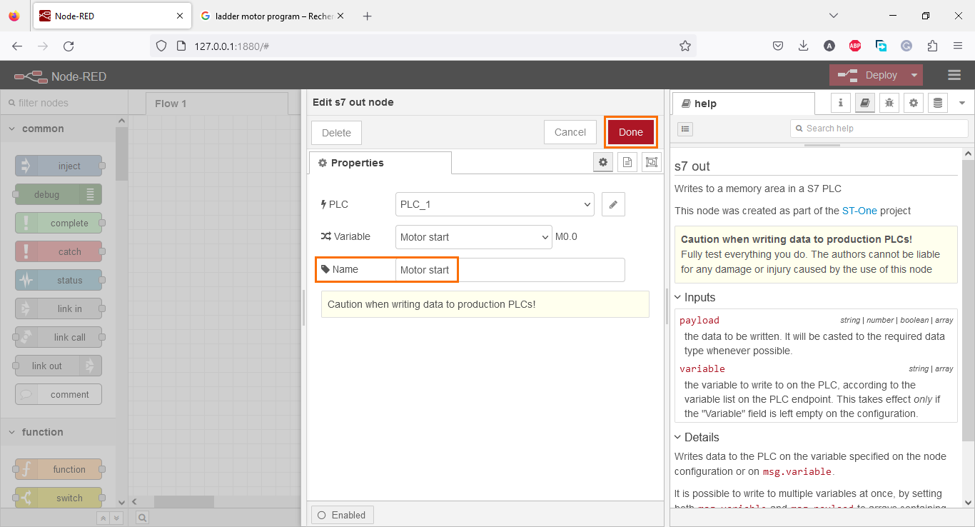Figure 3.4 - Using Node-Red with Siemens TIA Portal PLC Programming | Naming the node