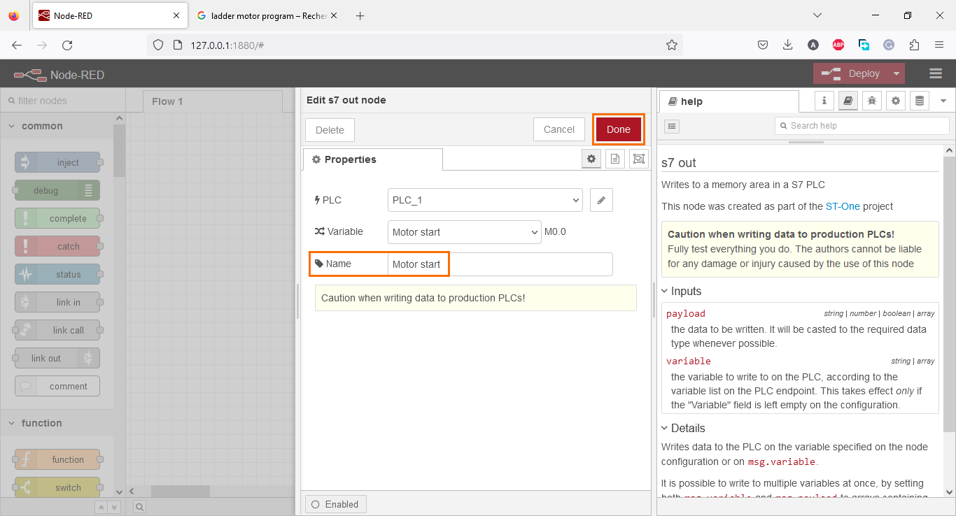 Figure 3.4 - Using Node-Red with Siemens TIA Portal PLC Programming | Naming the node