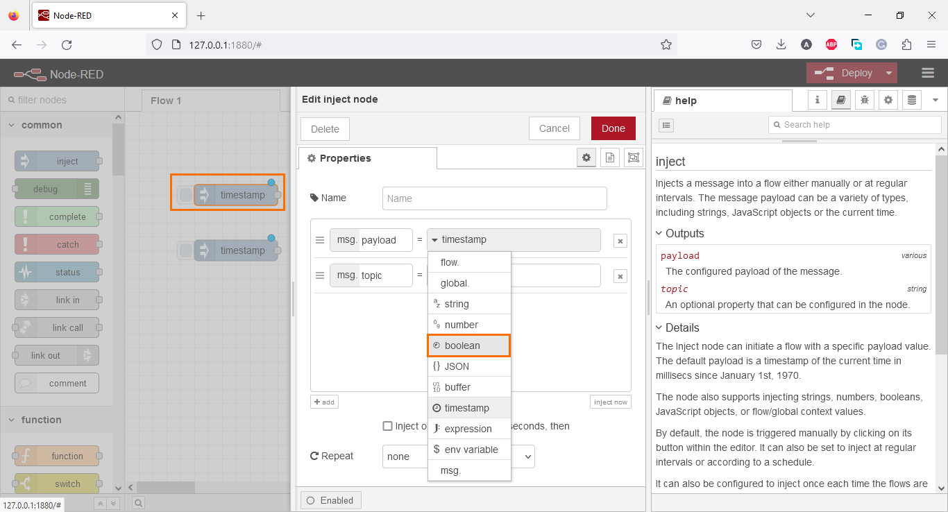 Figure 3.6 - Using Node-Red with Siemens TIA Portal PLC Programming | The first node is a boolean
