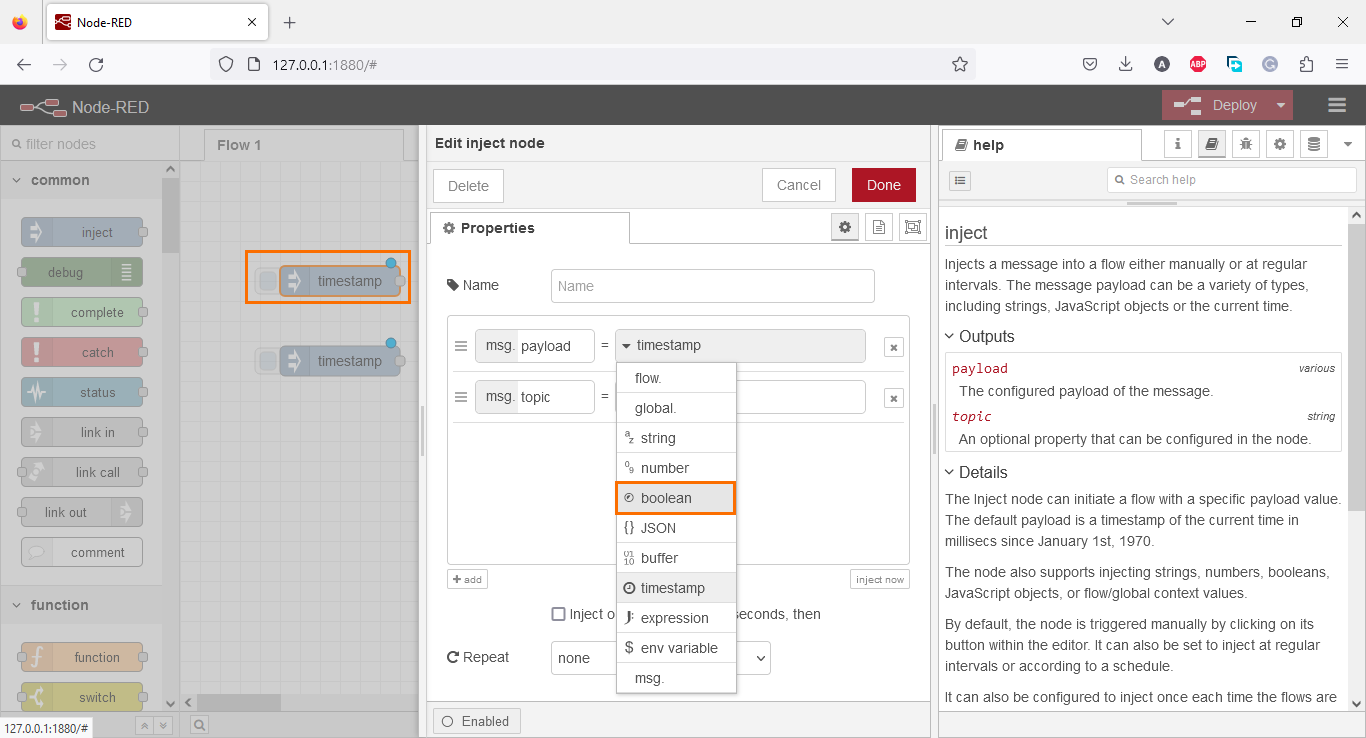 Figure 3.6 - Using Node-Red with Siemens TIA Portal PLC Programming | The first node is a boolean