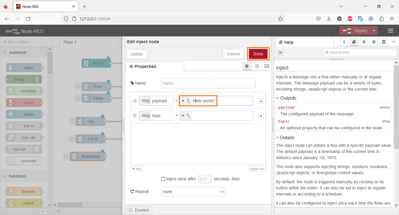 Figure 3.20 - Using Node-Red with Siemens TIA Portal PLC Programming | Adding a value to the string node