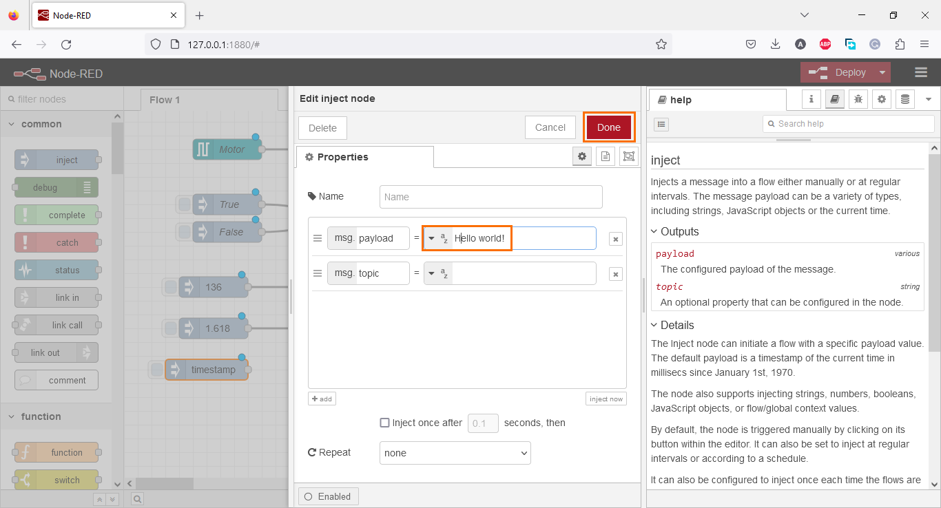 Figure 3.20 - Using Node-Red with Siemens TIA Portal PLC Programming | Adding a value to the string node