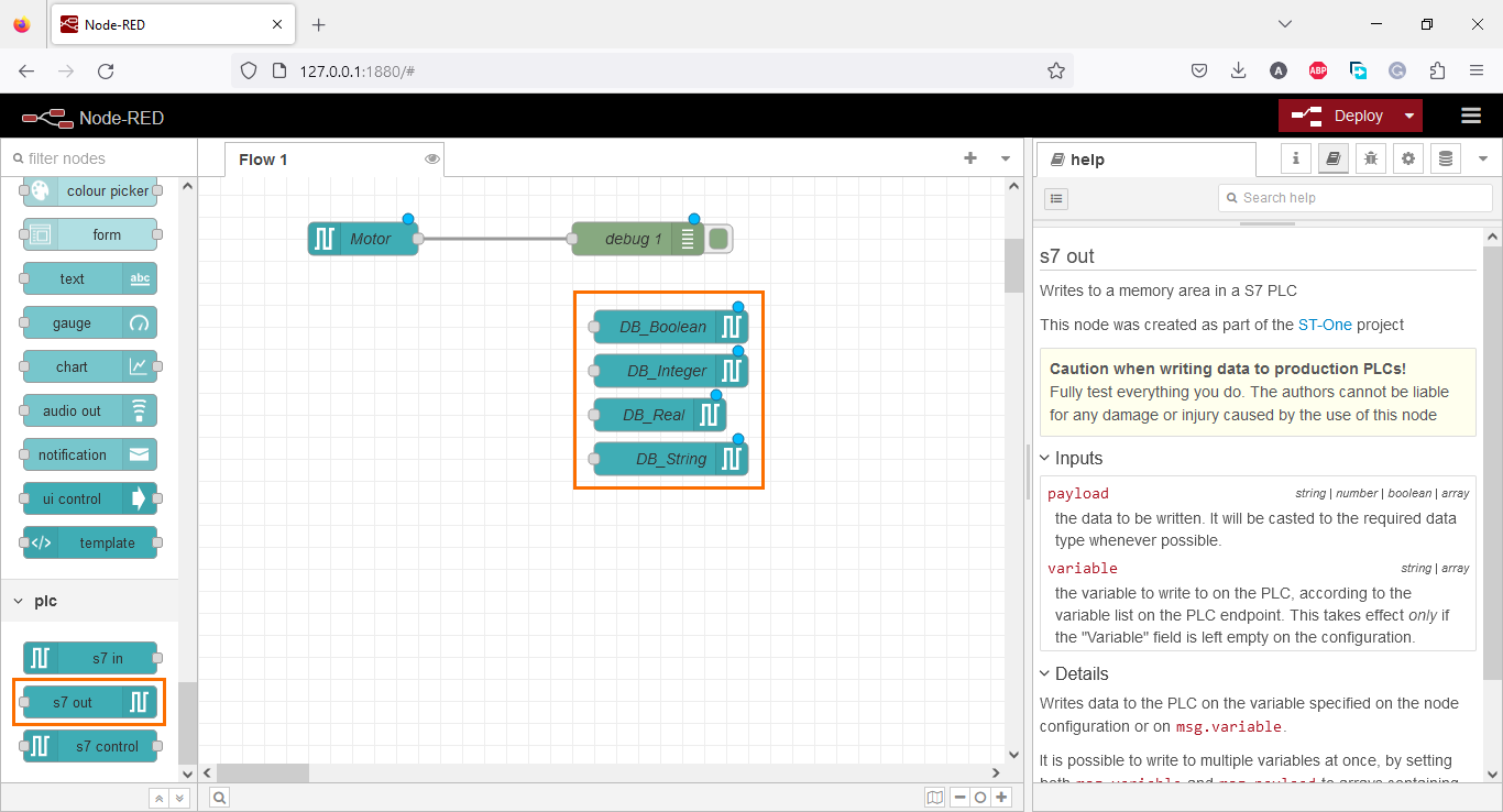 Figure 3.14 - Using Node-Red with Siemens TIA Portal PLC Programming | Adding four s7 out nodes for the DB elements