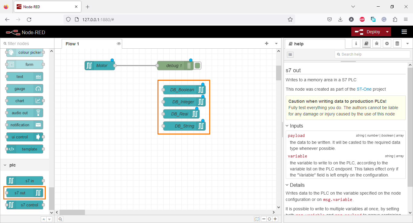 Figure 3.14 - Using Node-Red with Siemens TIA Portal PLC Programming | Adding four s7 out nodes for the DB elements