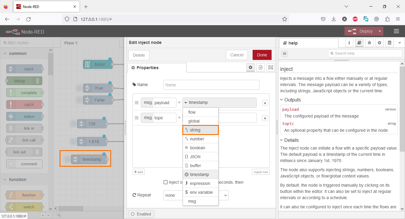 Figure 3.19 - Using Node-Red with Siemens TIA Portal PLC Programming | Configuring the node for the string node