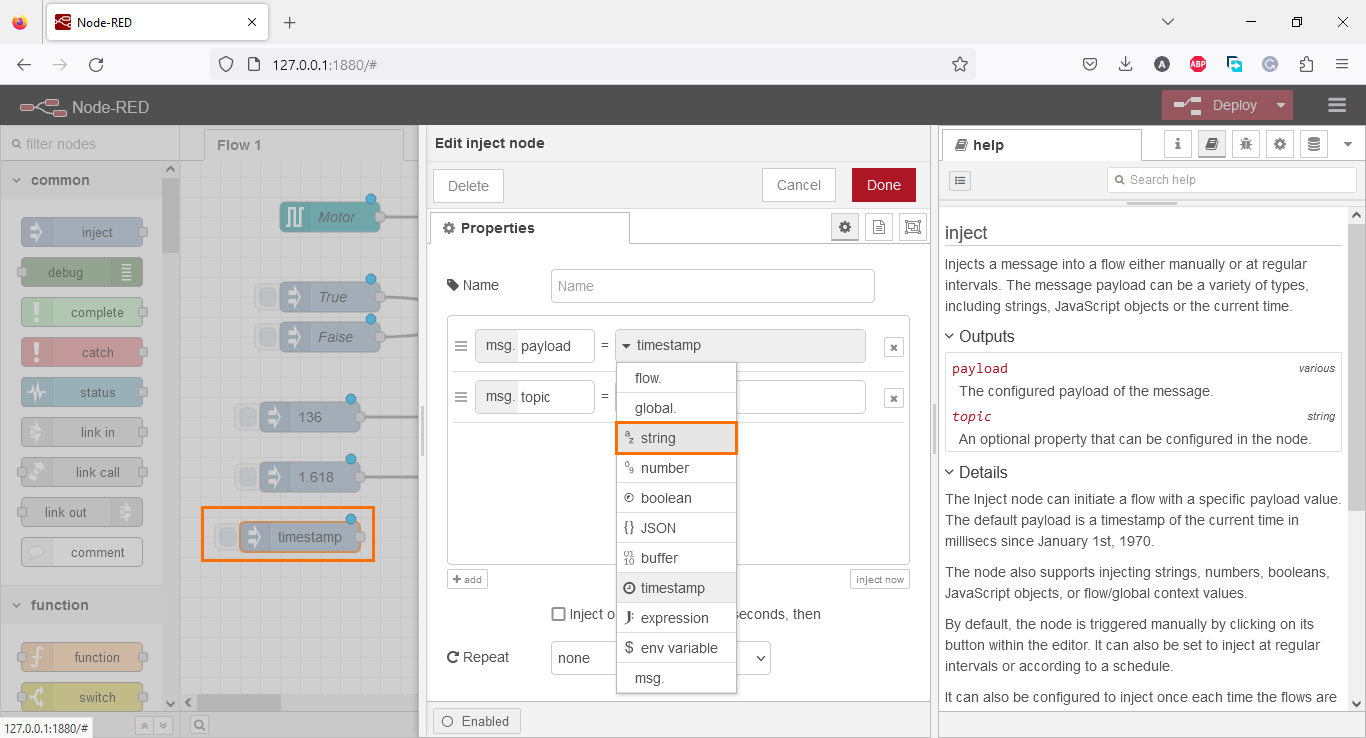 Figure 3.19 - Using Node-Red with Siemens TIA Portal PLC Programming | Configuring the node for the string node