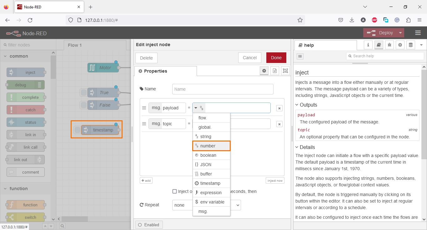 Figure 3.16 - Using Node-Red with Siemens TIA Portal PLC Programming | Adding an integer inject node
