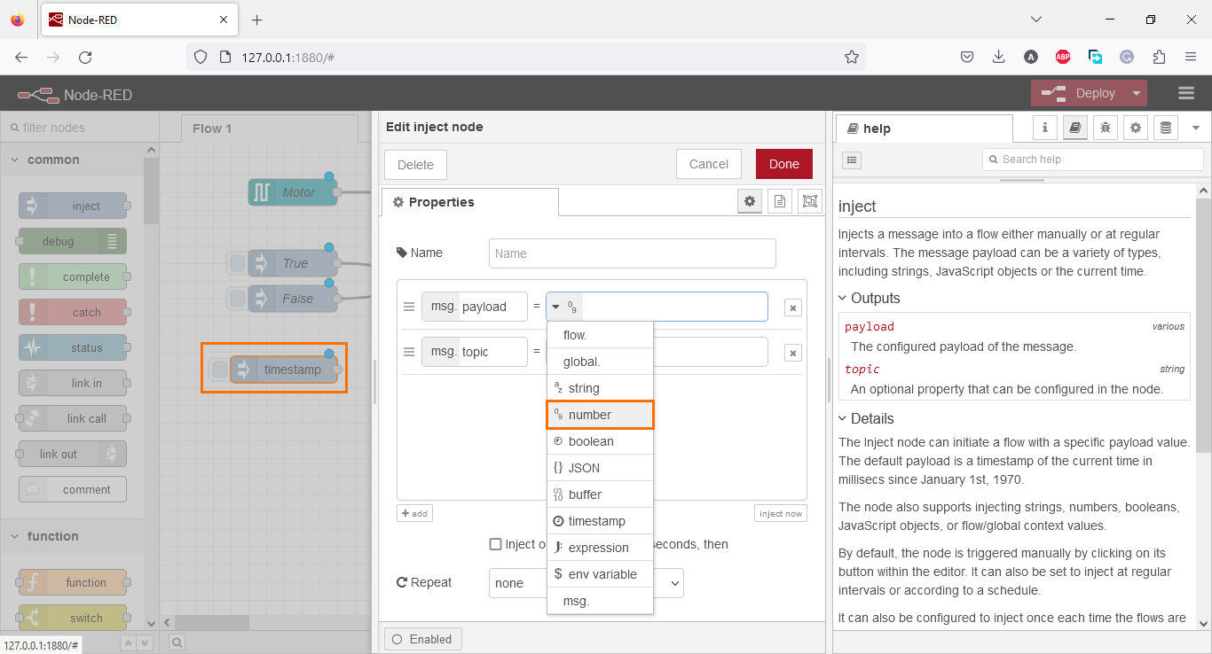 Figure 3.16 - Using Node-Red with Siemens TIA Portal PLC Programming | Adding an integer inject node