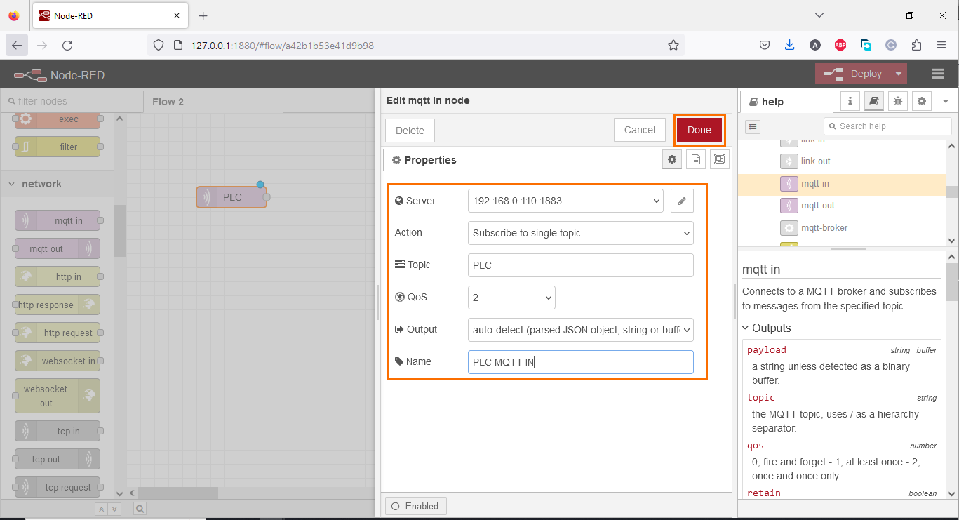 Figure 1.8 - PLCÂ Data over MQTTÂ Broker Mosquitto Node-Red | Configured MQTT In node