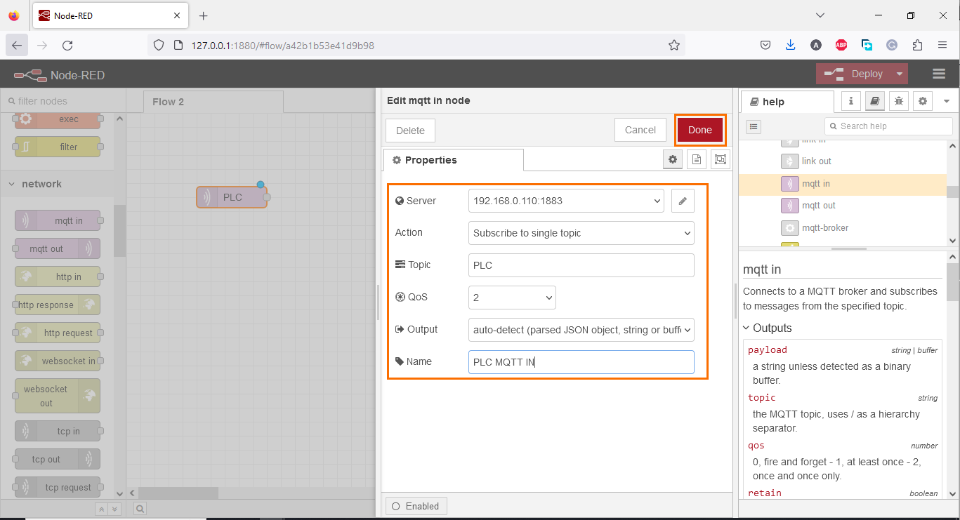 Figure 1.8 - PLC Data over MQTT Broker Mosquitto Node-Red | Configured MQTT In node