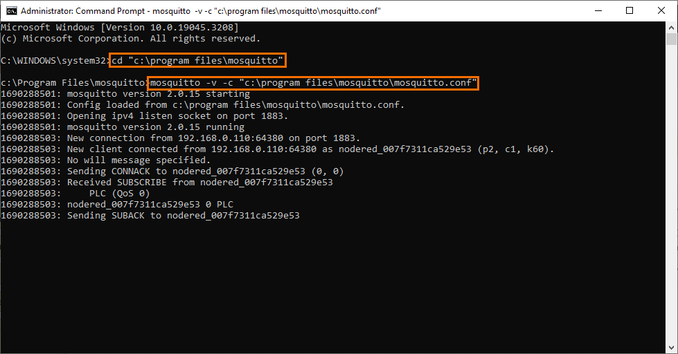 Figure 1.2 - PLC Data over MQTT Broker Mosquitto Node-Red | Running Mosquitto