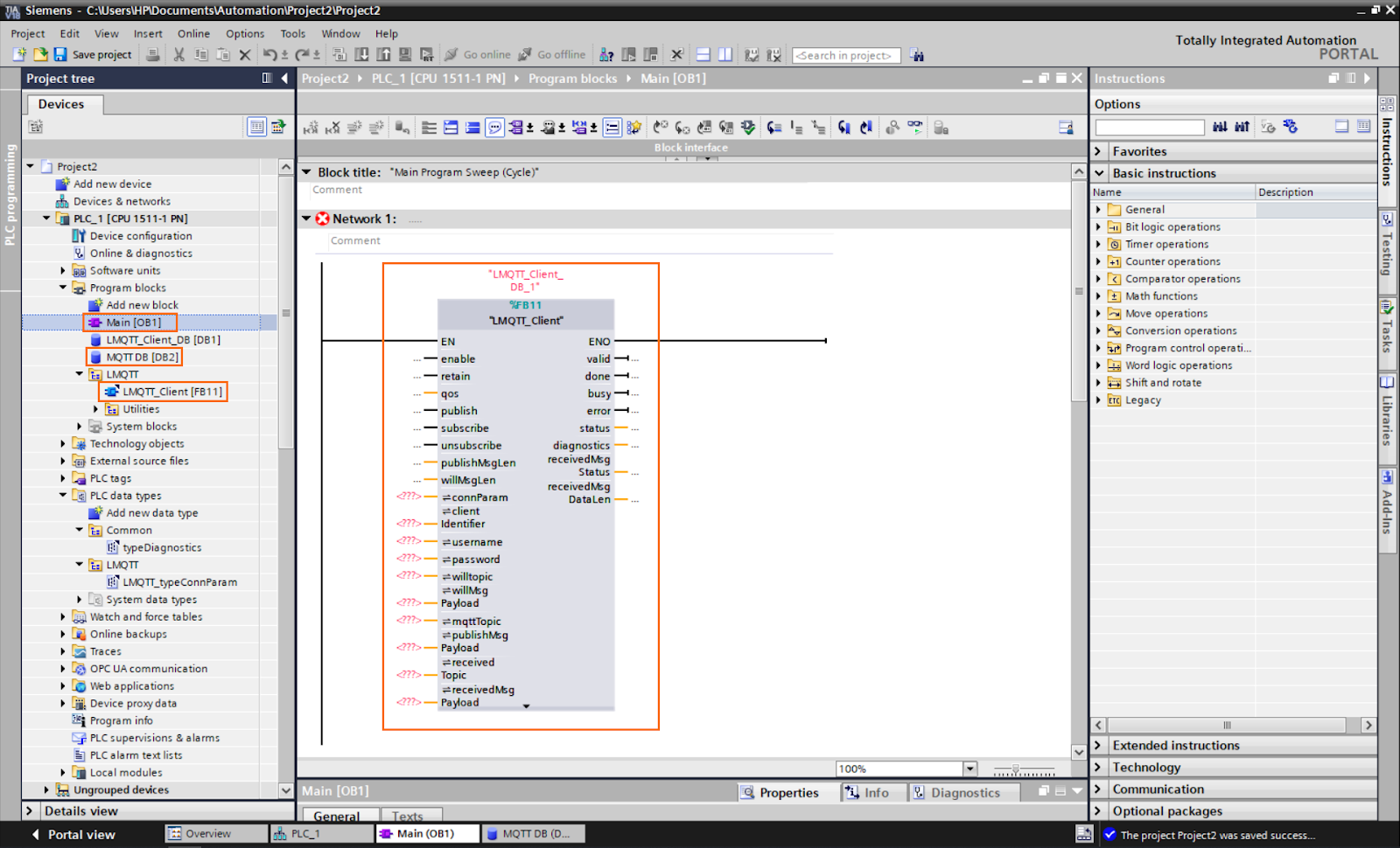 Figure 2.6 - PLCÂ Data over MQTTÂ Broker Mosquitto Node-Red | Adding the LMQTT_Client function to the main program