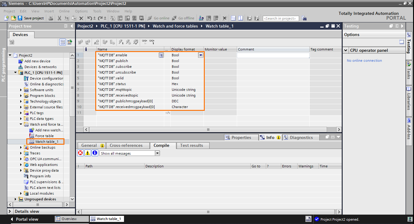 Figure 3.1 - PLC Data over MQTT Broker Mosquitto Node-Red | Watch table