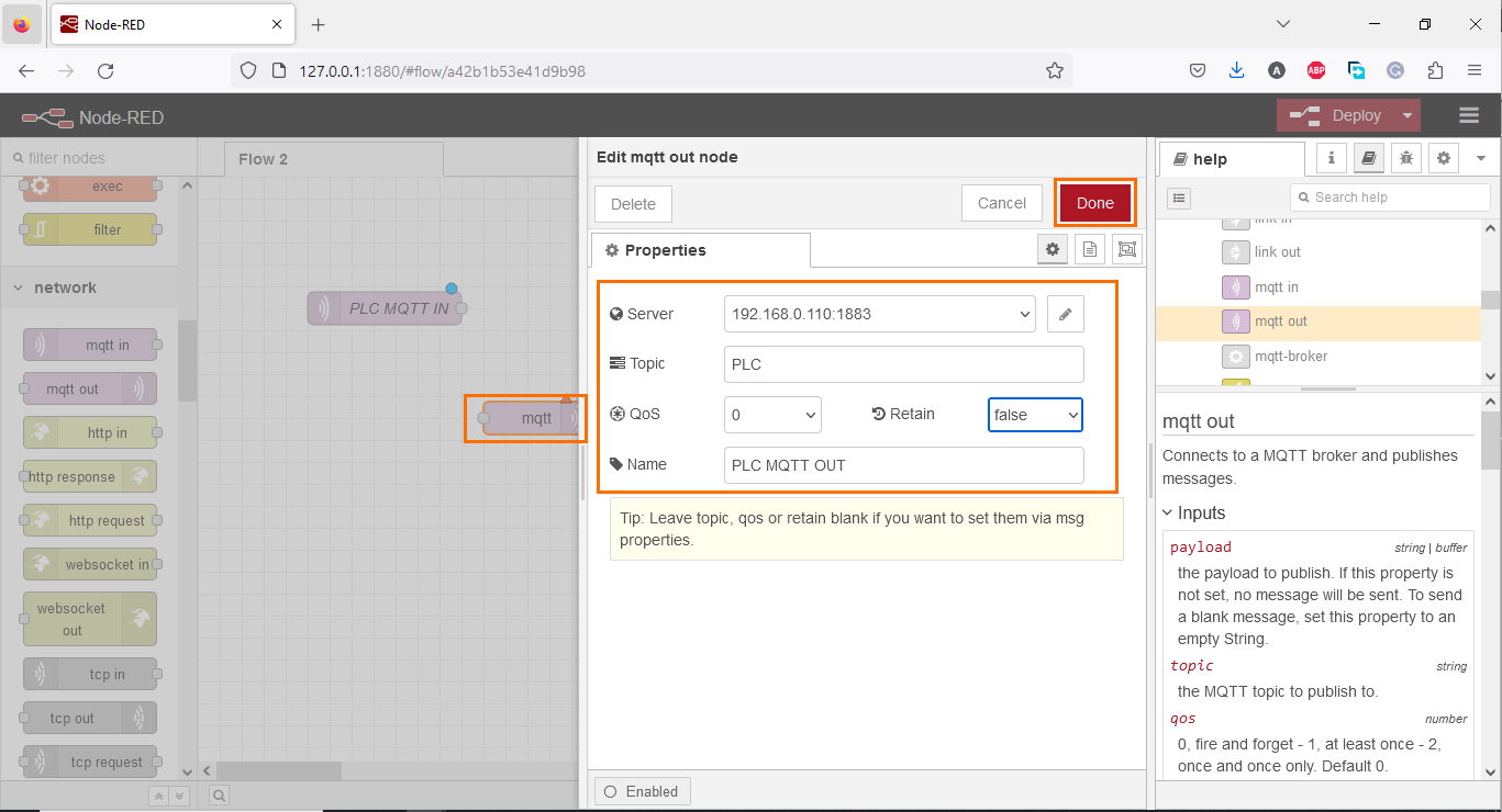 Figure 1.9 - PLCÂ Data over MQTTÂ Broker Mosquitto Node-Red | Configured MQTT Out node