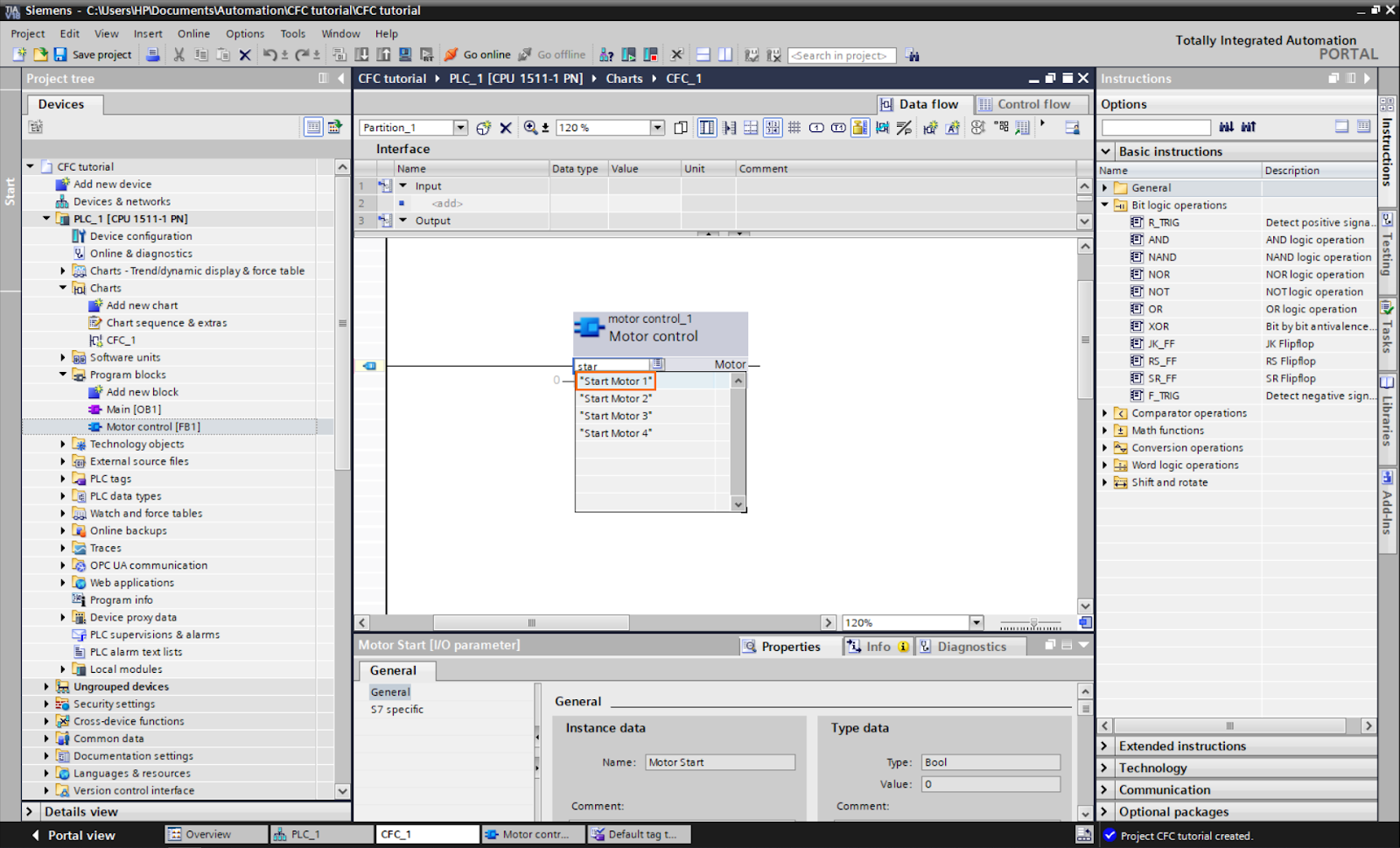 Figure 1.15: Control Flow Chart PLC programming in TIA Portal | Adding the “Start motor 1” tag