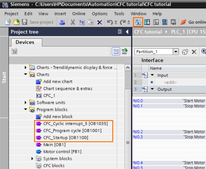 Figure 1.23: Control Flow Chart PLC programming in TIA Portal | Compiling and generating the CFC Organization blocks