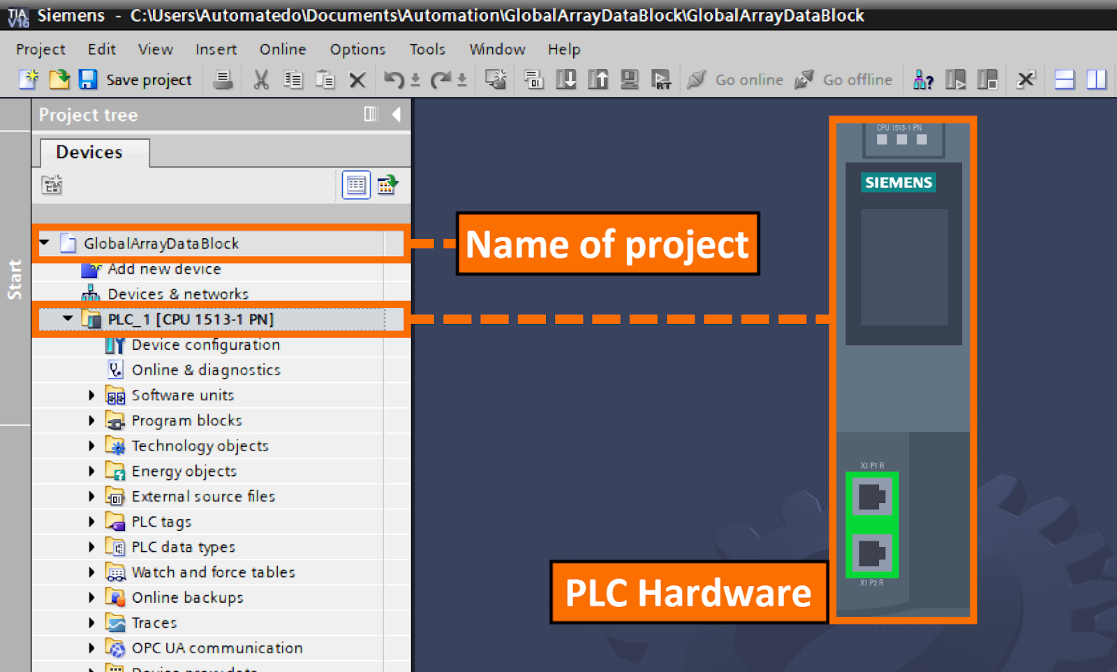 Figure 3.2 - Siemens TIA Portal PLC Data Blocks | Information of created project for implementing an Array data block