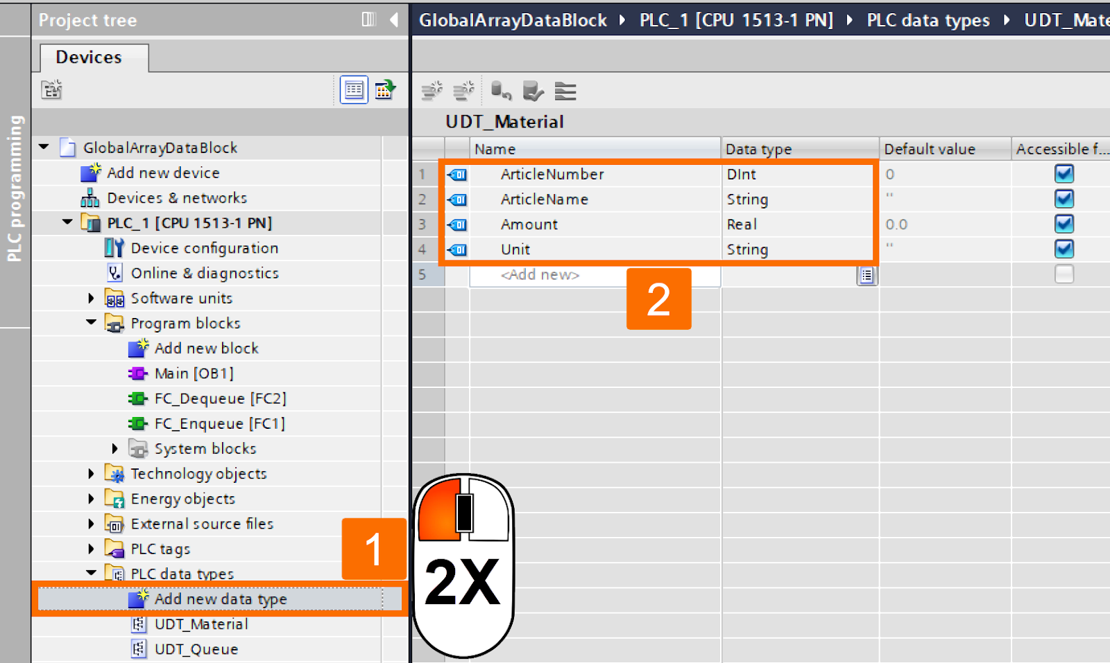 Figure 3.10 - Siemens TIA Portal PLC Data Blocks | Creating another new PLC data type for implementation in an Array data block