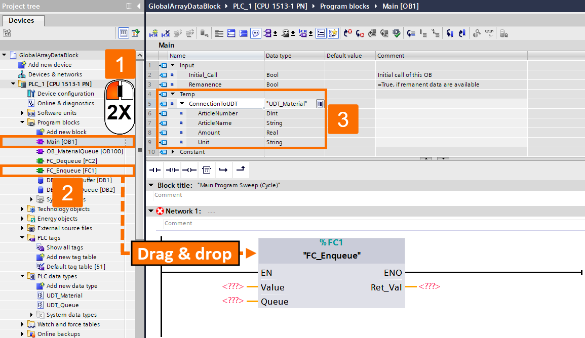 Figure 3.16 - Siemens TIA Portal PLC Data Blocks | Calling an SCL function to write data into an Array data block in the main OB