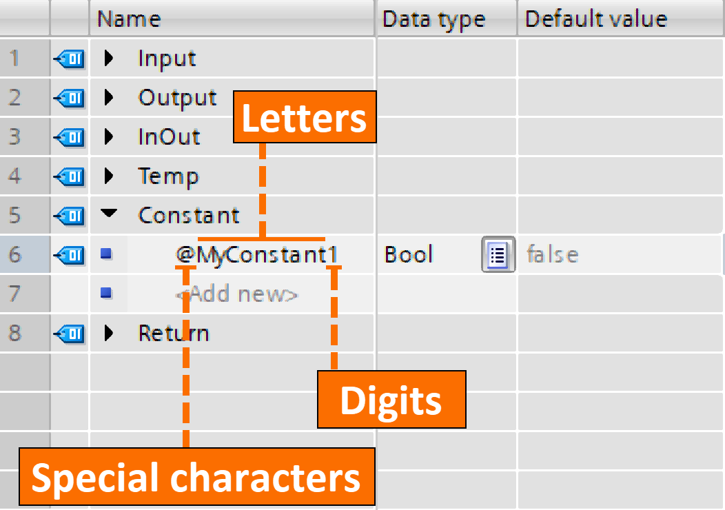 Figure 4.1 - Siemens TIA Portal Constants | Valid character options for constant declaration