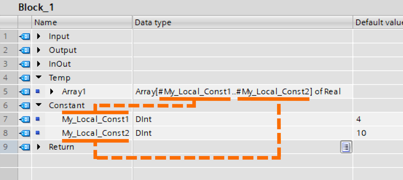 Figure 7.4 - Siemens TIA Portal Constants | Using constants as the limit for arrays