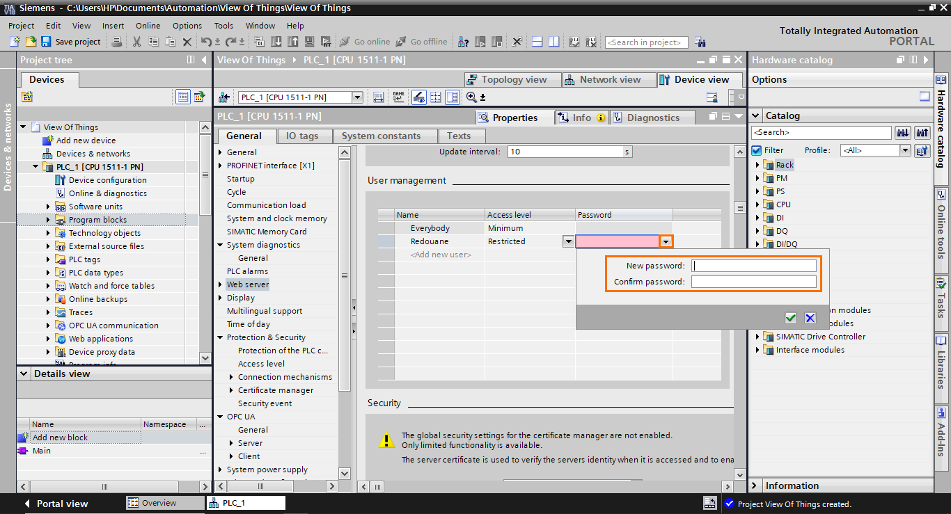 Figure 1.9 - TIA Portal View of Things | Defining the user’s password