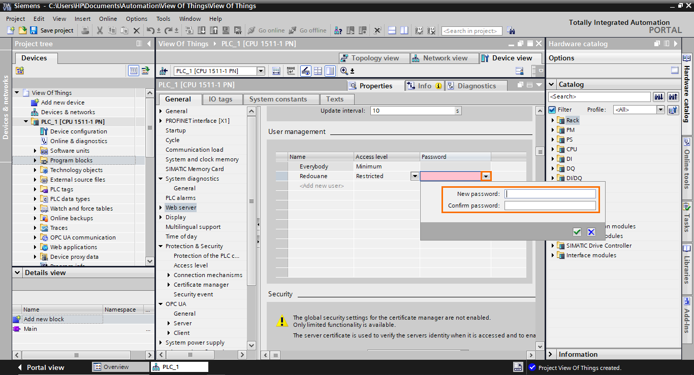 Figure 1.9 - TIA Portal View of Things | Defining the user’s password