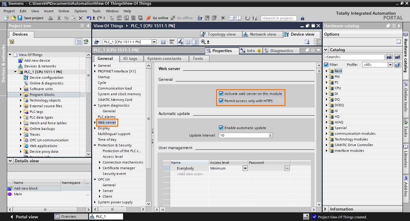 Figure 1.5 - TIA Portal View of Things | Activating the web server