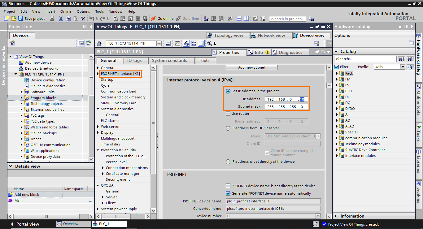 Figure 1.4 - TIA Portal View of Things | Configuring the CPU’s IP address