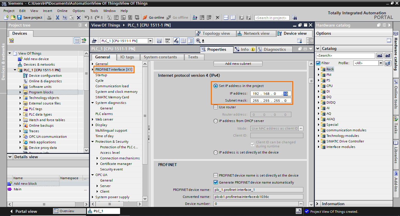 Figure 1.4 - TIA Portal View of Things | Configuring the CPU’s IP address