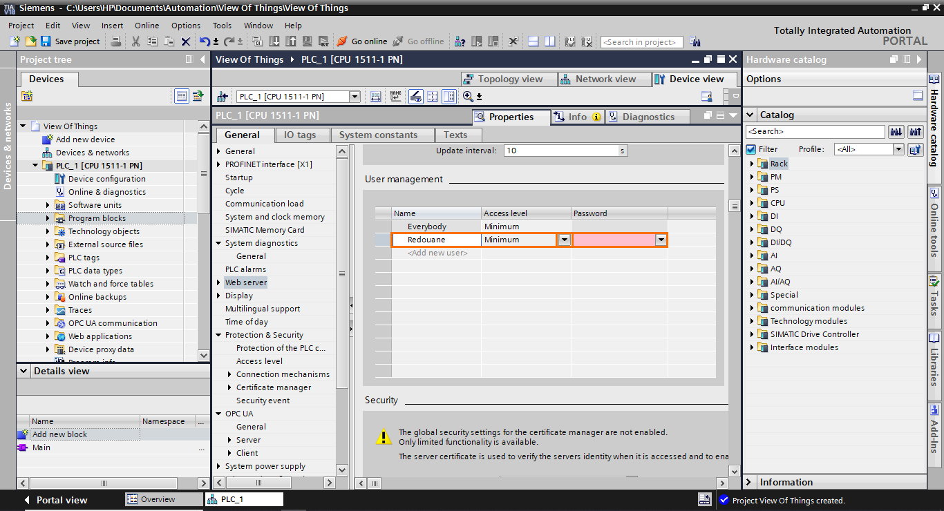 Figure 1.7 - TIA Portal View of Things | Naming the user