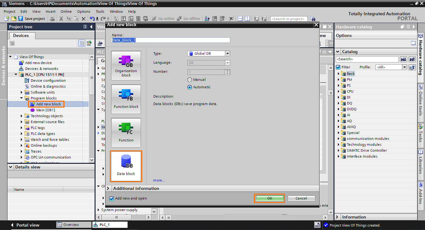 Figure 1.11 - TIA Portal View of Things | Adding a new DB