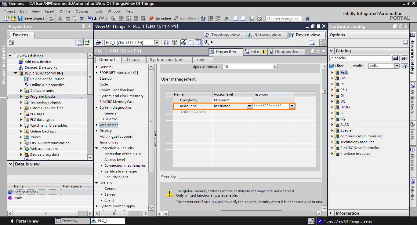 Figure 1.10 - TIA Portal View of Things | The CPU configuration is done