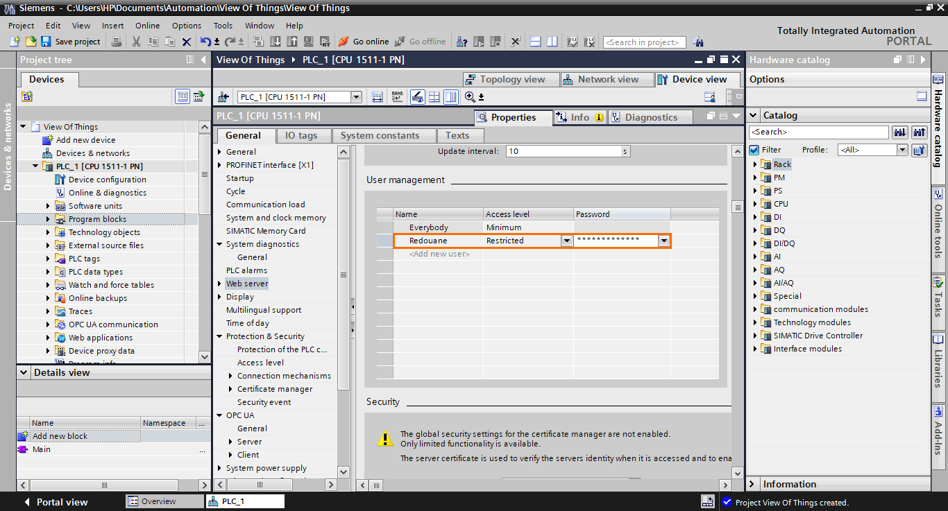 Figure 1.10 - TIA Portal View of Things | The CPU configuration is done