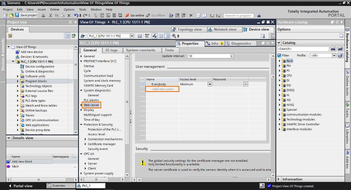 Figure 1.6 - TIA Portal View of Things | Adding a new web server user