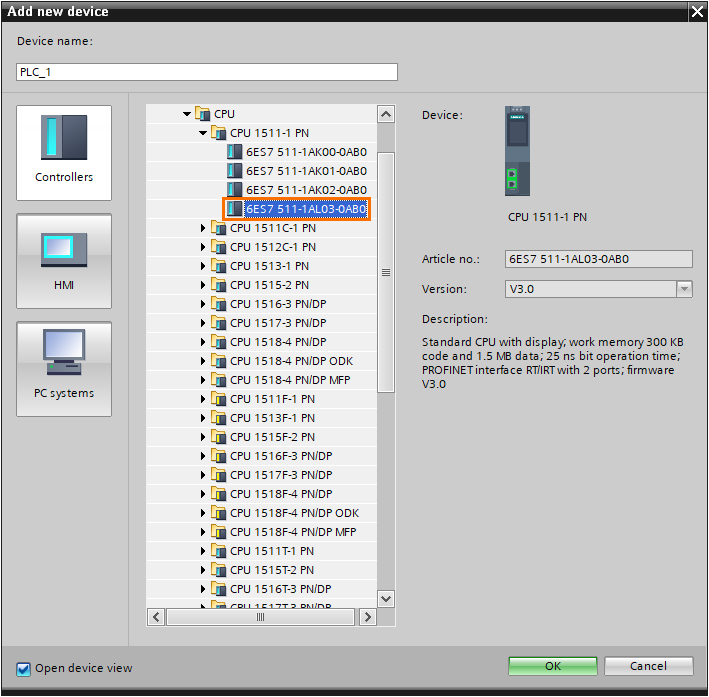 Figure 1.2 - TIA Portal View of Things | Selecting a CPU