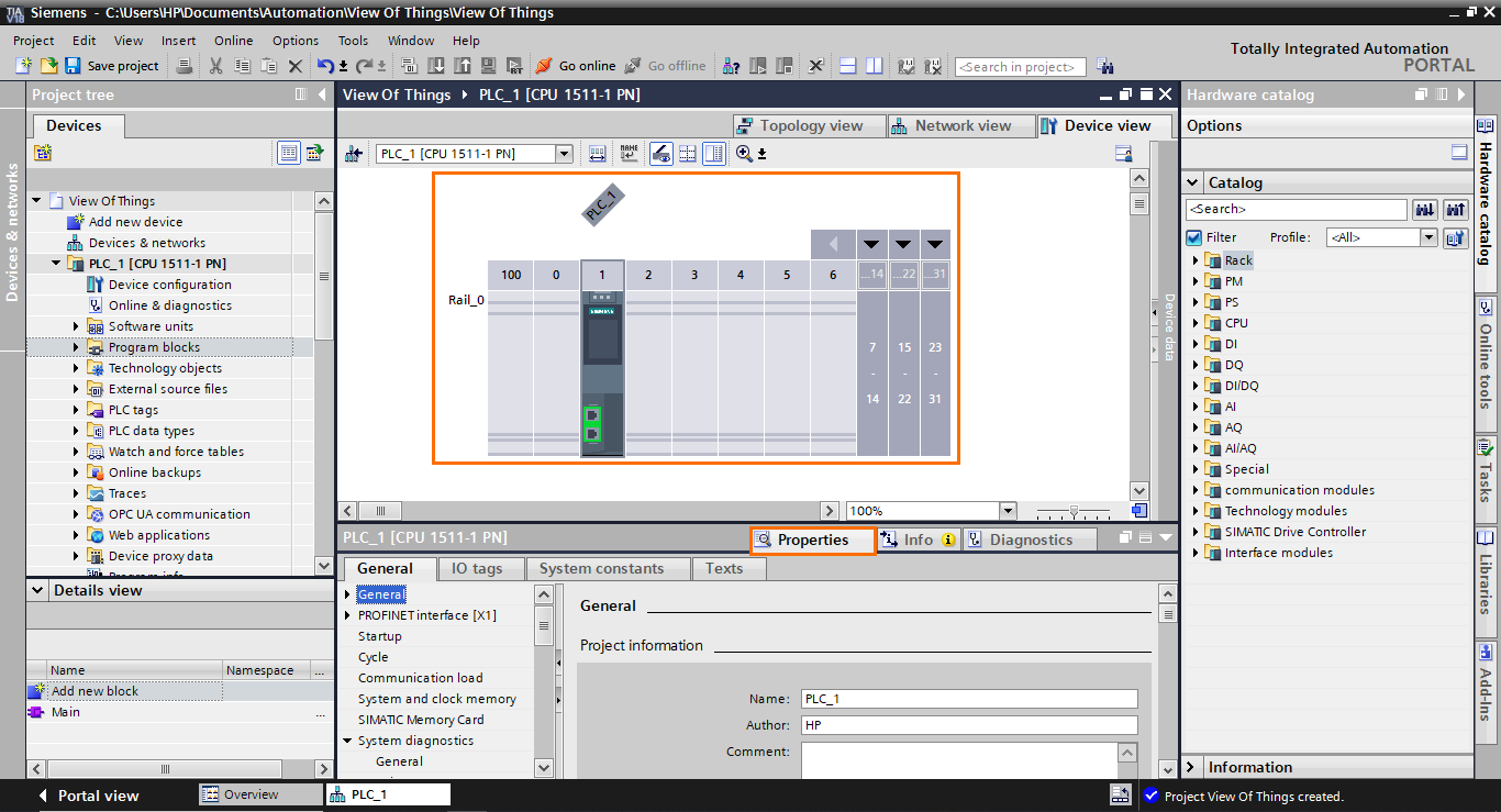 Figure 1.3 - TIA Portal View of Things | The station is created