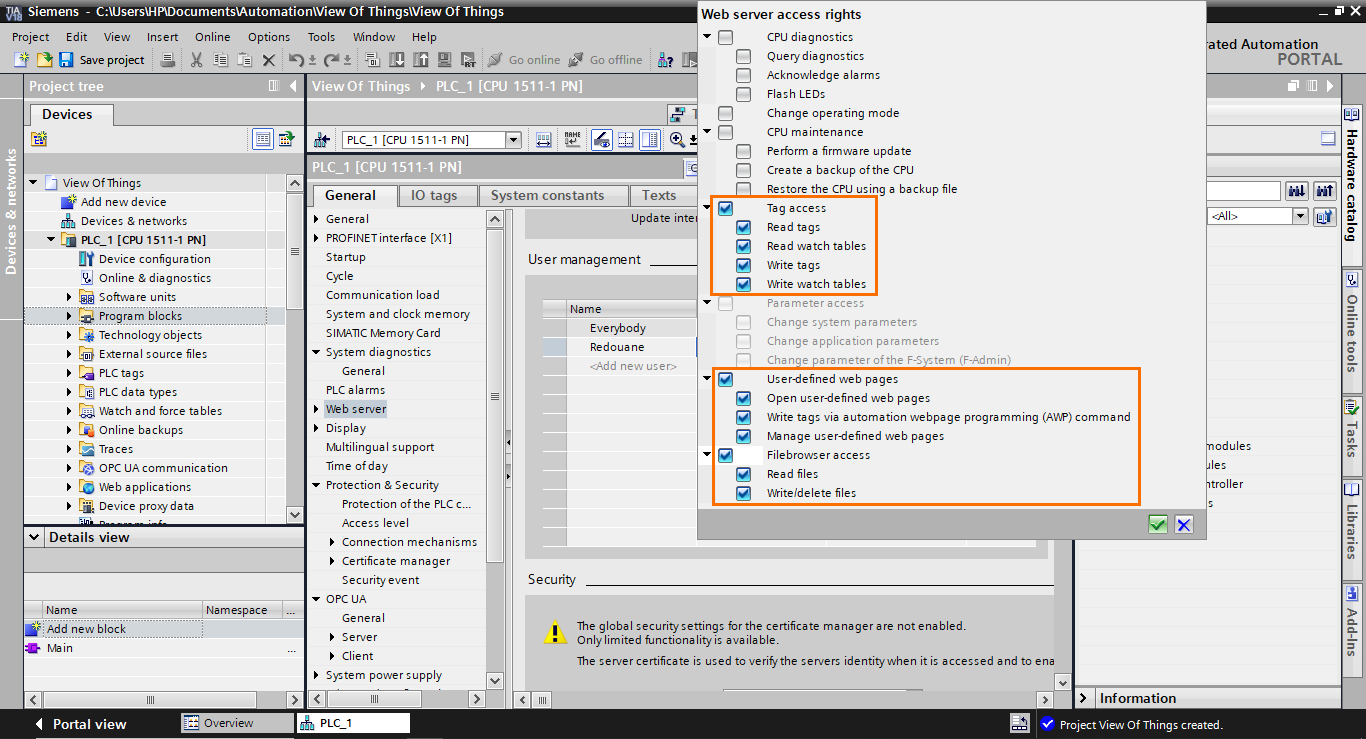 Figure 1.8 - TIA Portal View of Things | Defining the user’s access rights