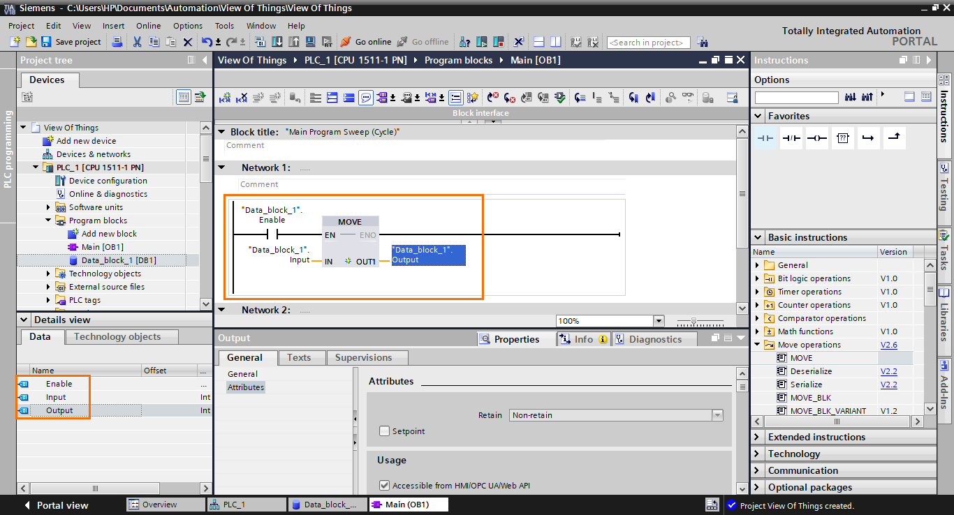 Figure 1.15 - TIA Portal View of Things | Adding the DB elements to the program
