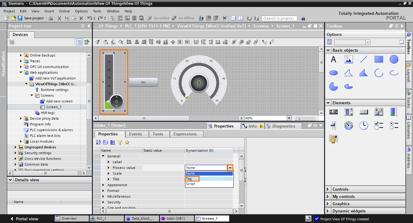 Figure 1.22 - TIA Portal View of Things | Configuring the slider