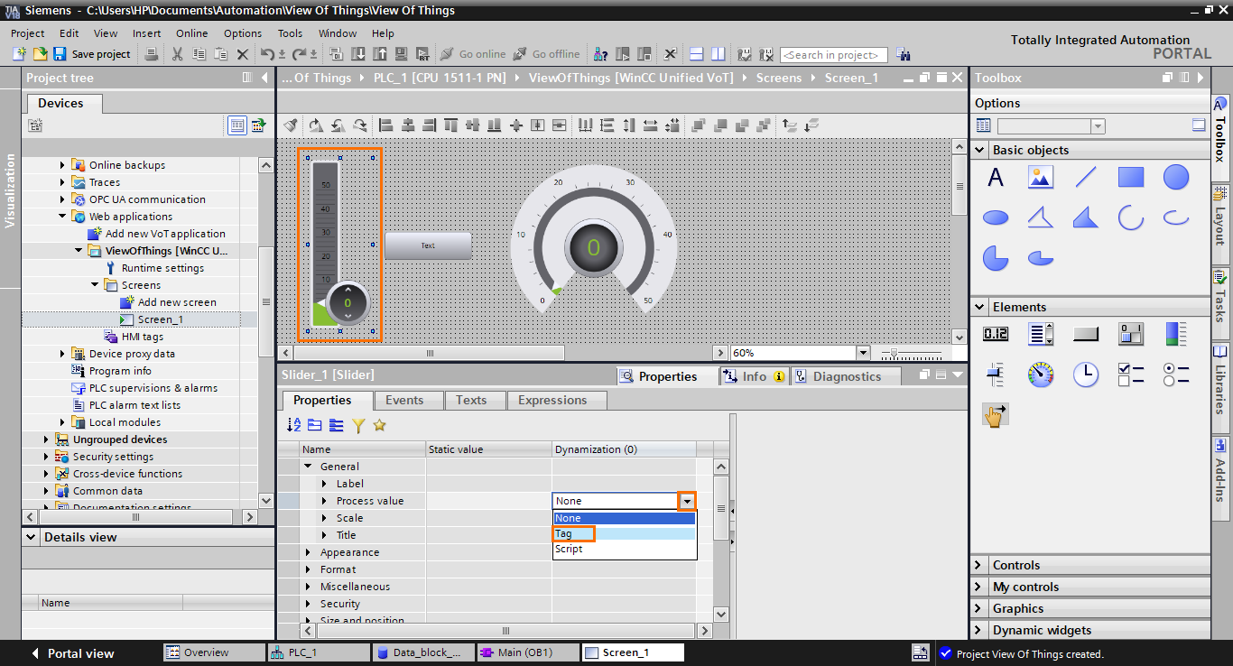 Figure 1.22 - TIA Portal View of Things | Configuring the slider