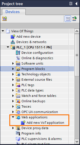 Figure 1.16 - TIA Portal View of Things | Adding a new VOT application