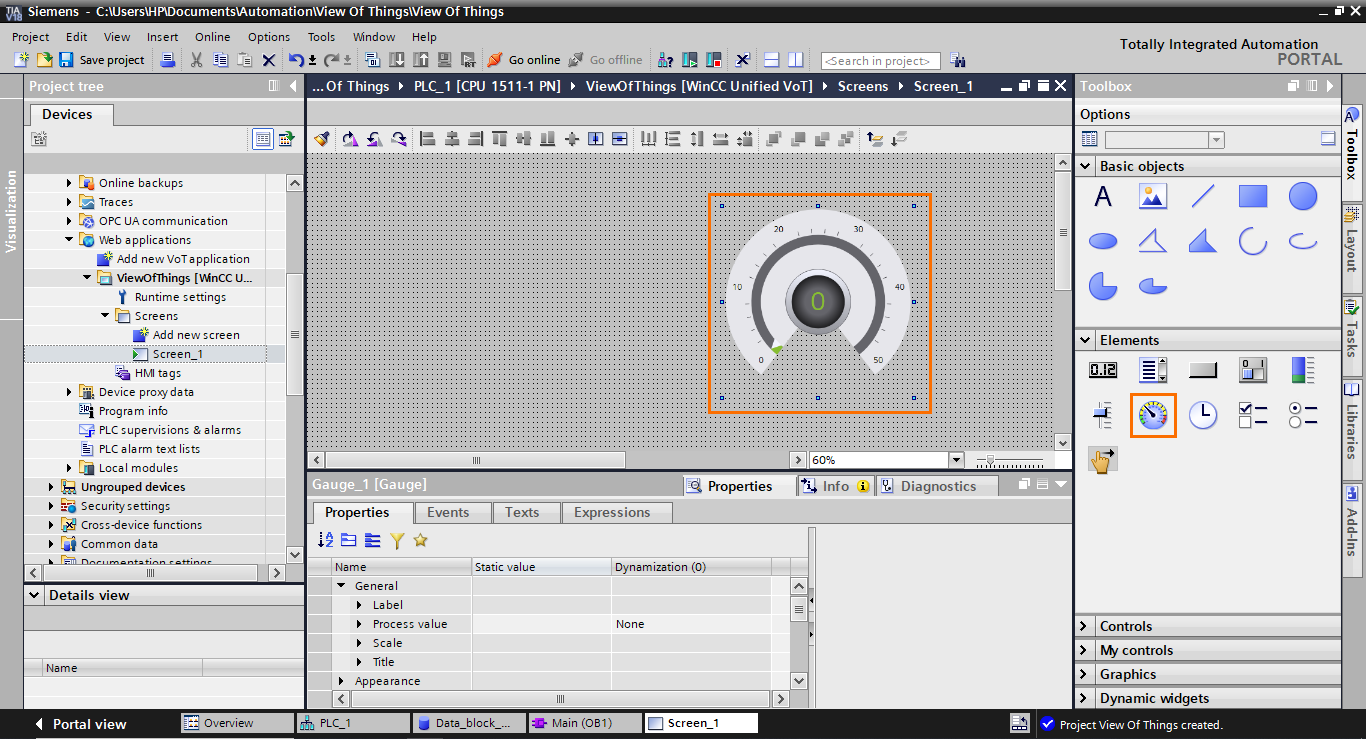 Figure 1.19 - TIA Portal View of Things | Adding a gauge