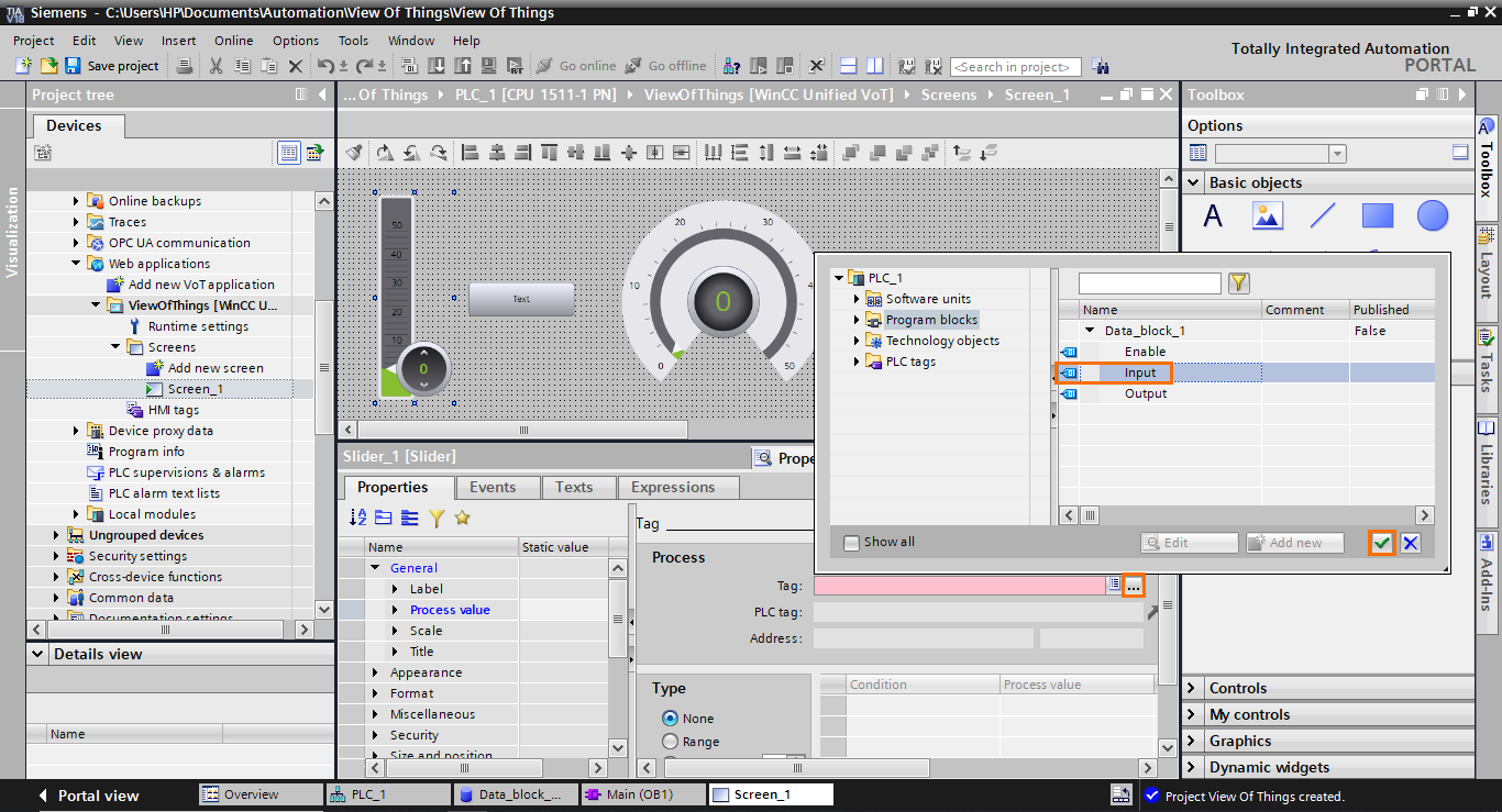 Figure 1.23 - TIA Portal View of Things | Tying the slider to the Input DB element