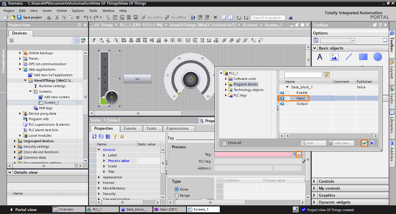 Figure 1.23 - TIA Portal View of Things | Tying the slider to the Input DB element