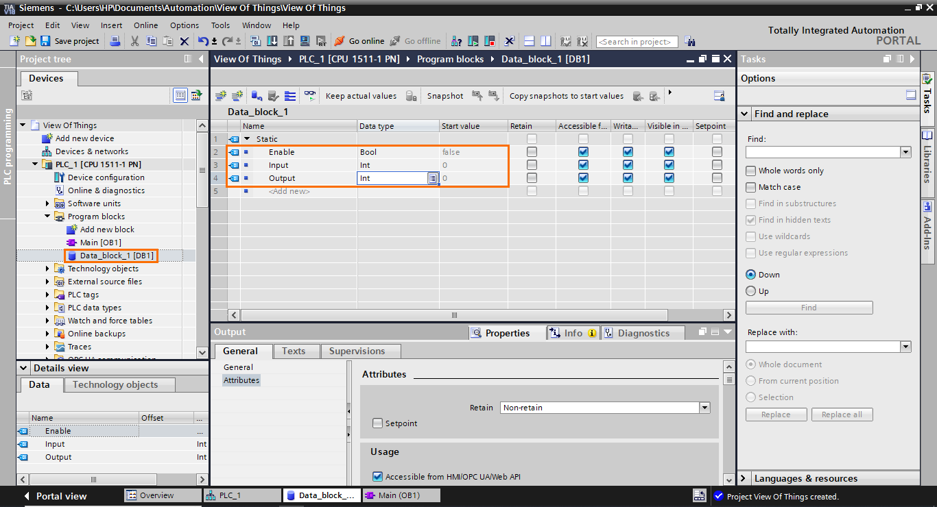 Figure 1.14 - TIA Portal View of Things | Adding DB elements