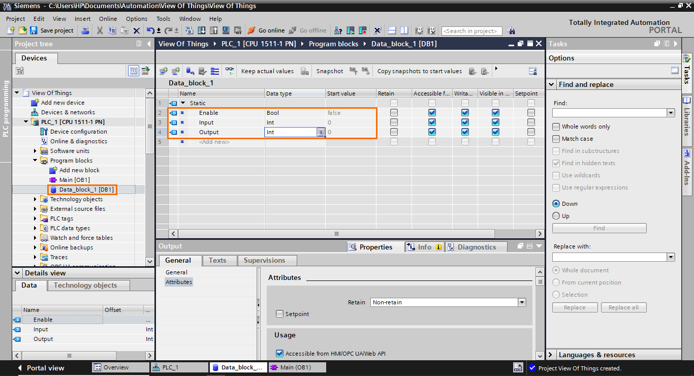 Figure 1.14 - TIA Portal View of Things | Adding DB elements