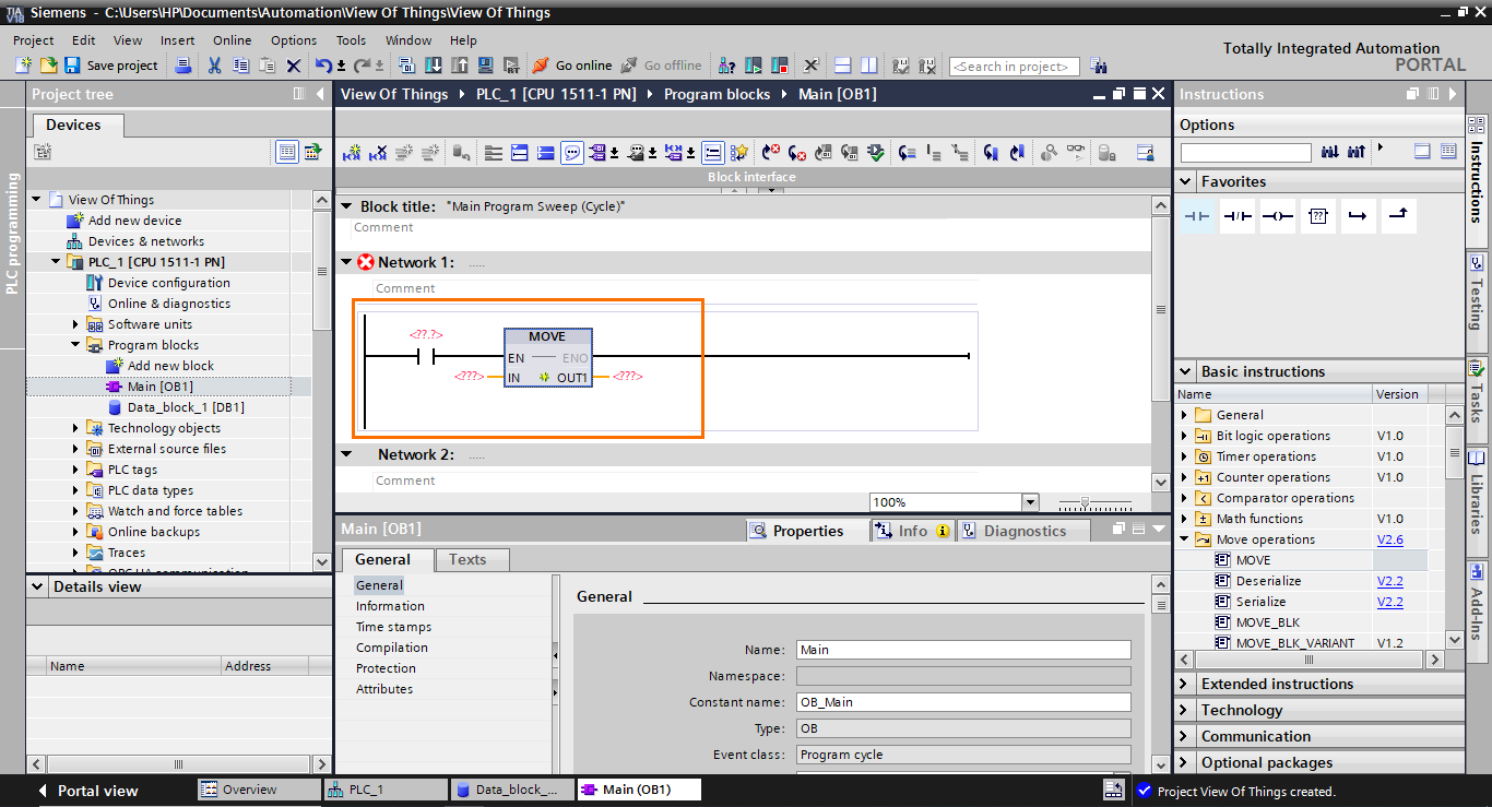 Figure 1.13 - TIA Portal View of Things | Adding XIC and MOVE instructions to the program